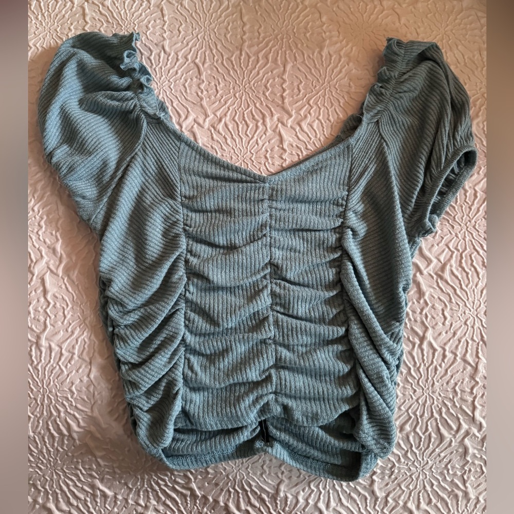 Altar'd State Bluish-Green Ruched Puff Sleeve Blouse, size medium